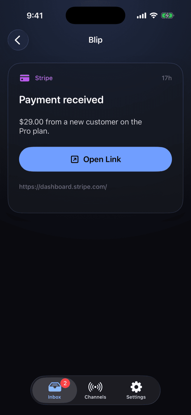 The 'Payment received' notification open in the Blip iOS app